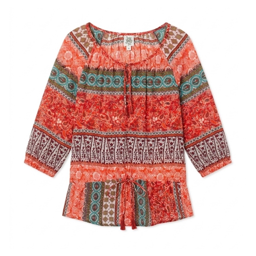 Ivy Jane Boho Peasant Blouse Patchwork Paisley Drawstring Top XS festival hippie
